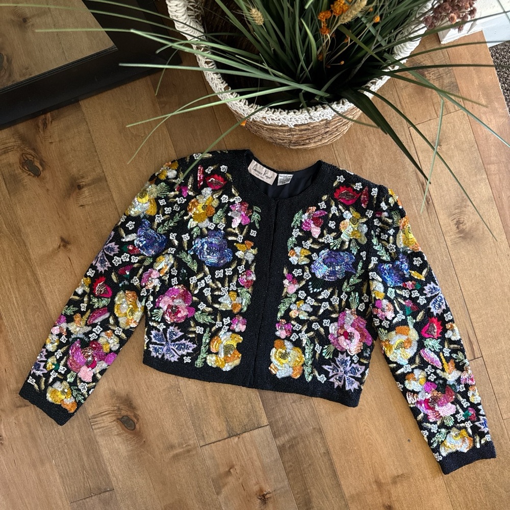 Embellished Floral Sequin Jacket - Black Multicolor
